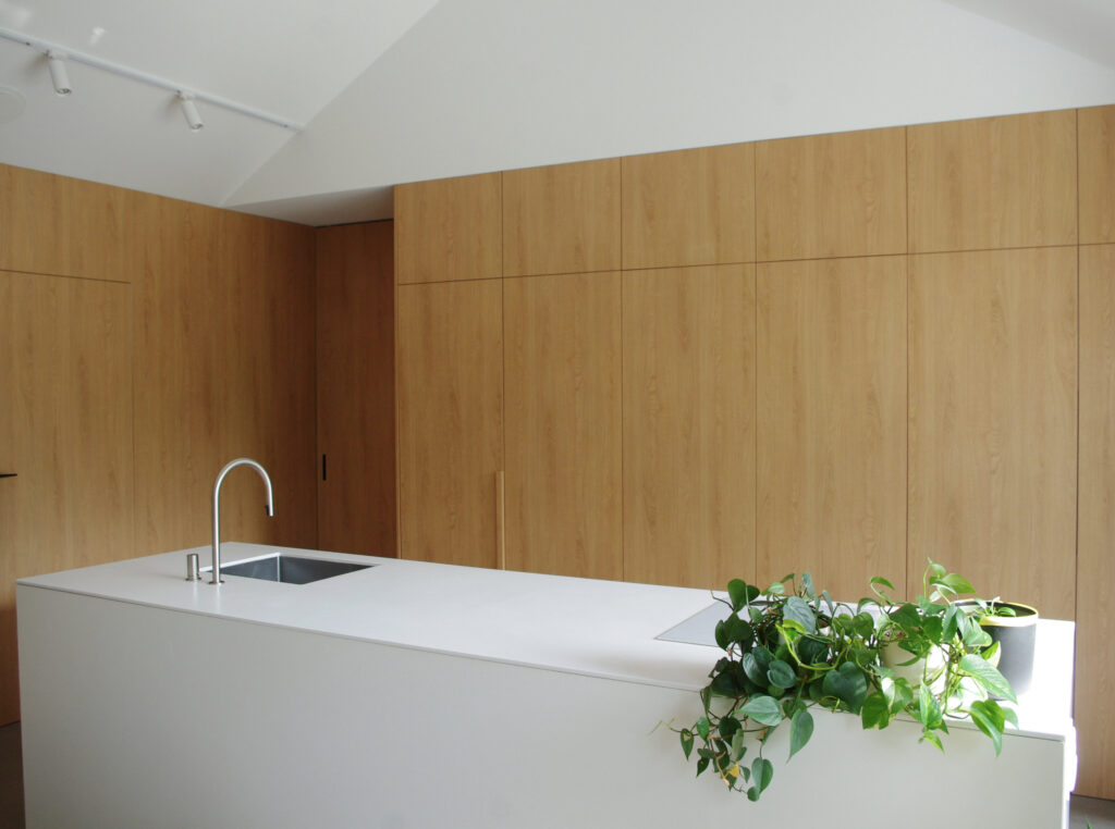 kuchnia_wysoki sufit_fronty drewniane_dom własny_oppe studio